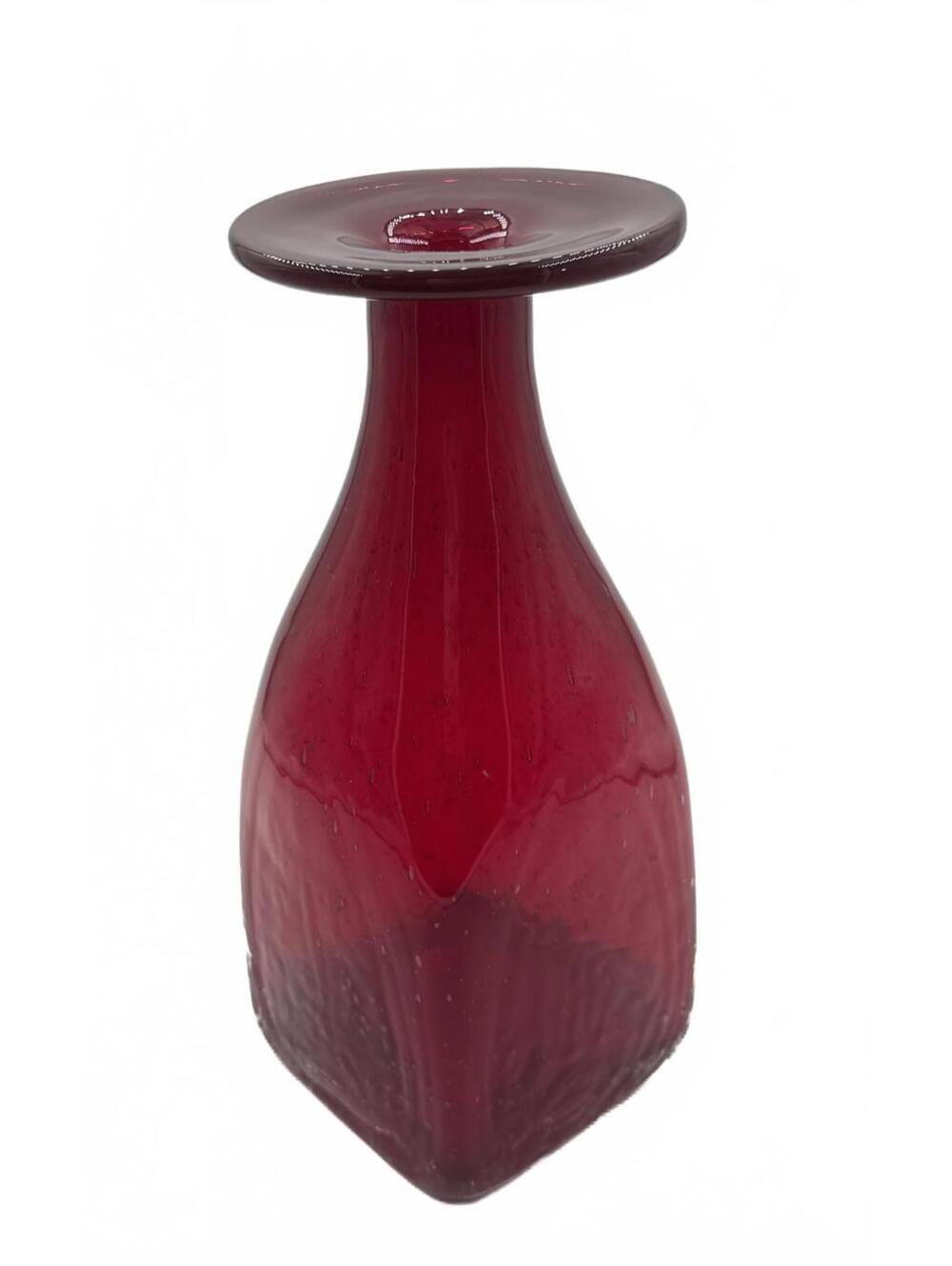 Vintage Ruby Red Art Glass Vase Controlled Bubble Square Base, MCM Decor